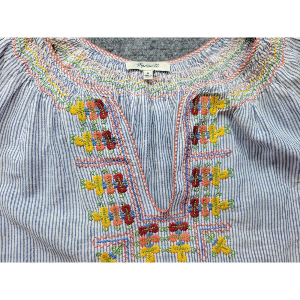 Madewell Embroidered Stripe Peasant Top Blue White Short Sleeve G4356 Medium - Picture 7 of 15